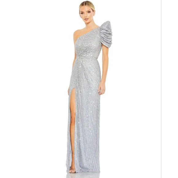 Mac Duggal,‎ Embellished Puff  One Shoulder Gown, Silver, Size 8, NWT - Picture 1 of 15
